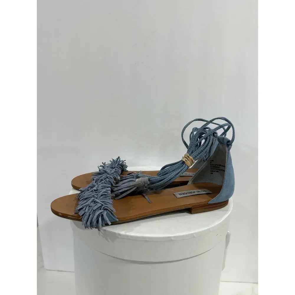 Steve Madden Sweetyy Blue Suede Fringe Lace Up Gladiator Sandals US 7 Ankle Wrap